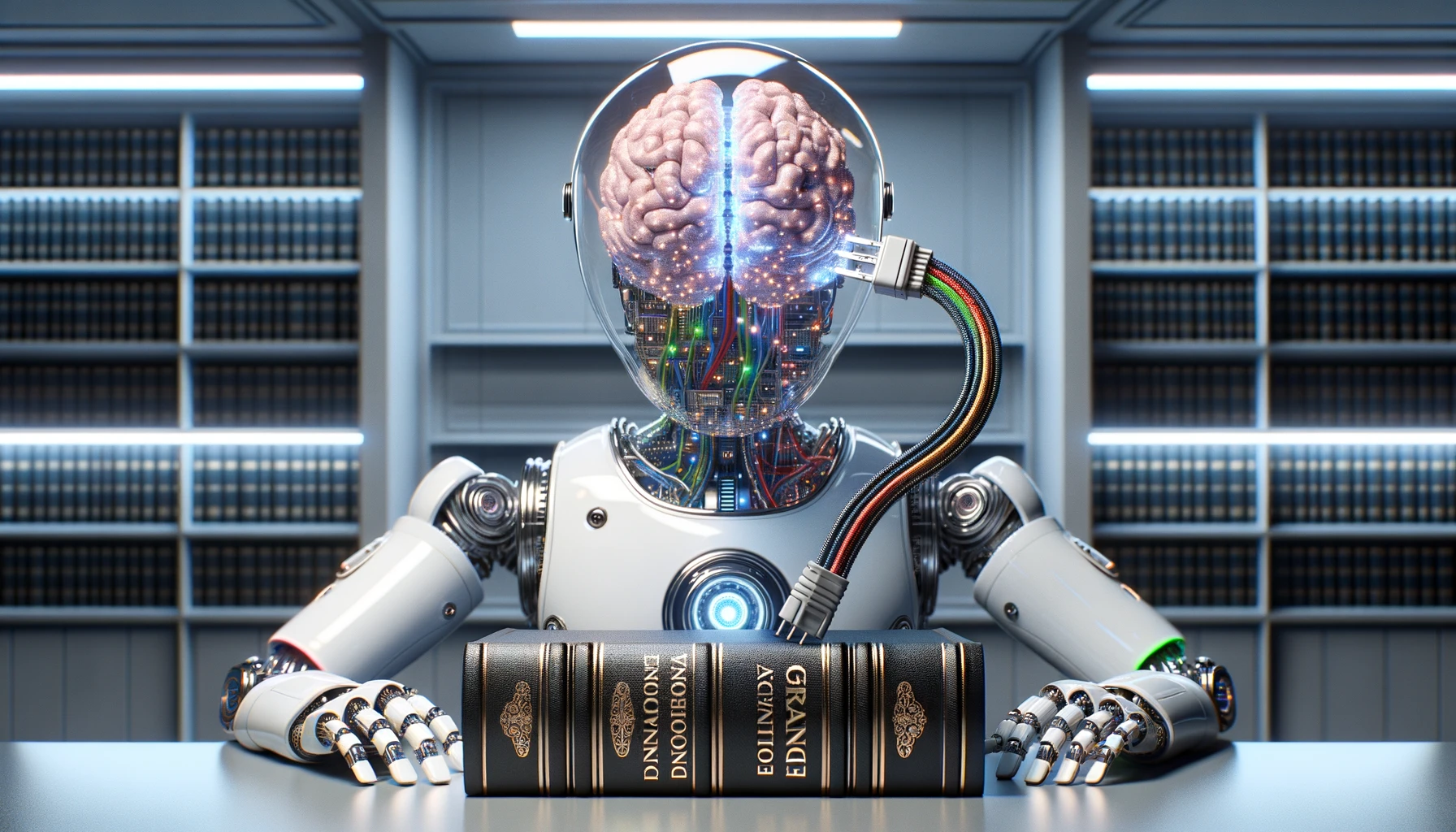 Robot con el cerebro conectado a una enciclopedia